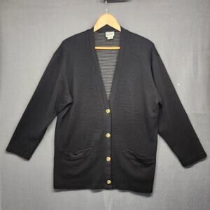 Vintage Koret Womens Cardigan Sweater Black Gold Buttons Textured Pockets Large